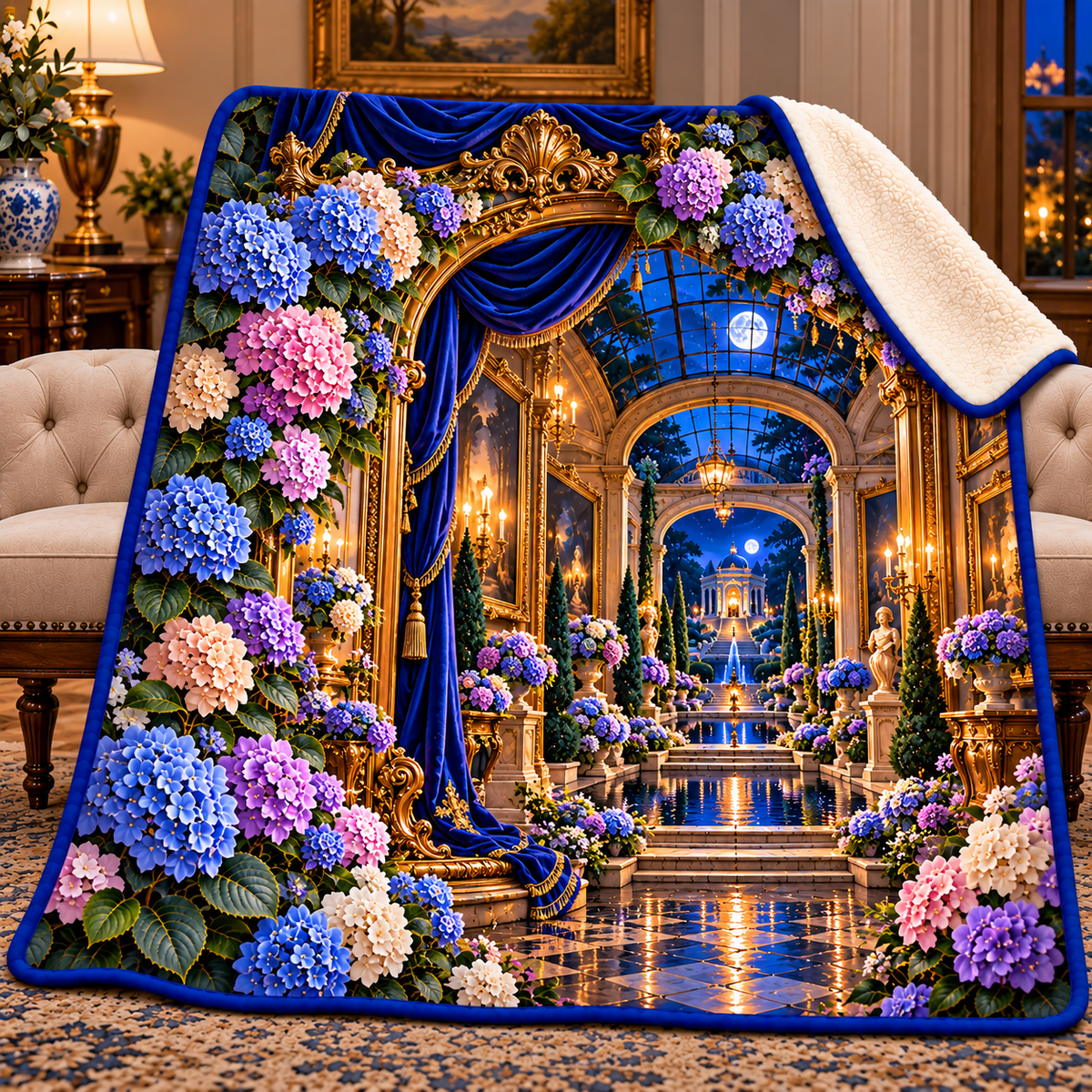 Hydrangea Moon Gallery Sherpa & Fleece Blanket with printed optical 3D artwork in its use setting