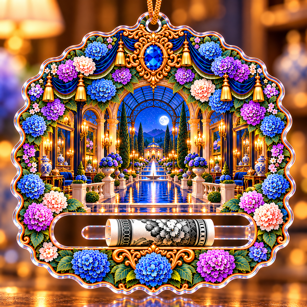 Hydrangea Moon Gallery Acrylic Cash Holder Ornament with printed optical 3D artwork in its use setting