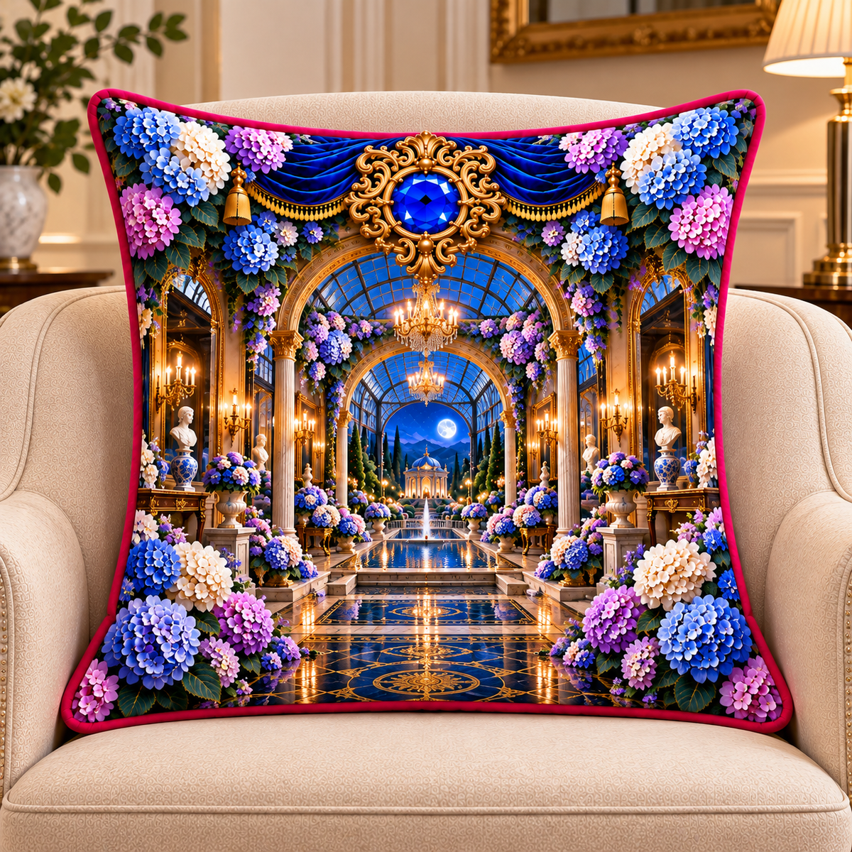 Hydrangea Moon Gallery Quilted Cushion Cover with printed optical 3D artwork in its use setting