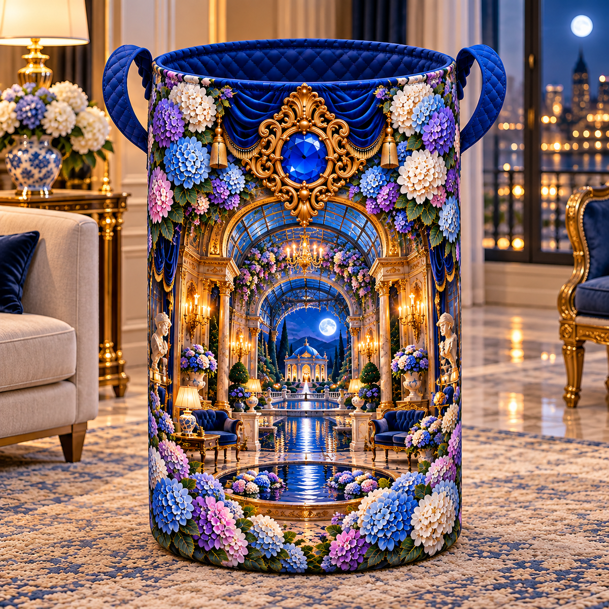 Hydrangea Moon Gallery Laundry Hamper with printed optical 3D artwork in its use setting