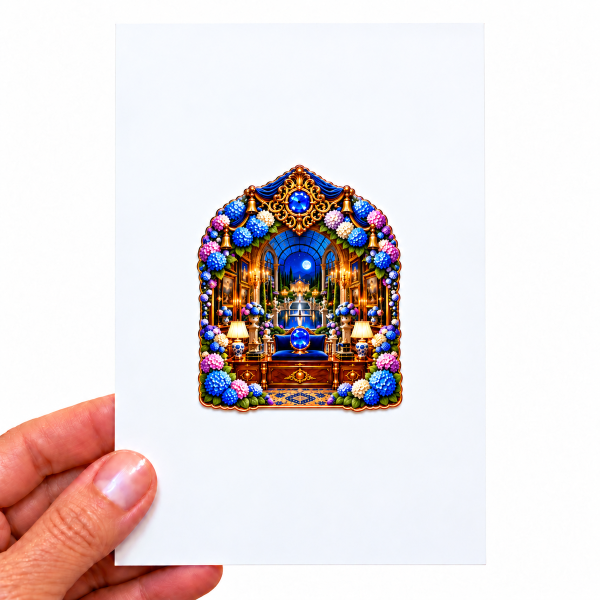 Hydrangea Moon Gallery Acrylic Refrigerator Magnet with printed optical 3D artwork in its use setting