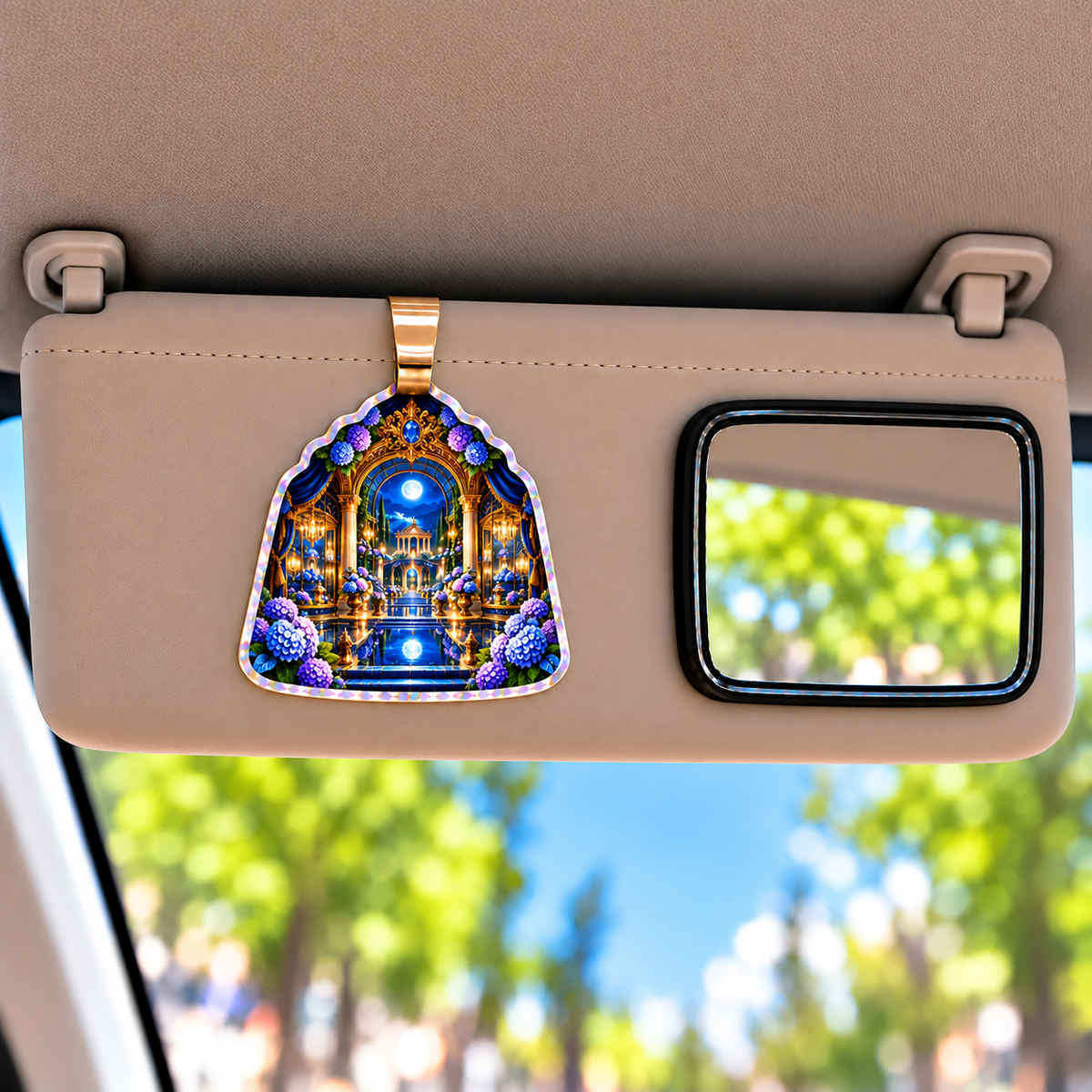 Hydrangea Moon Gallery Holographic Car Visor Clip with printed optical 3D artwork in its use setting