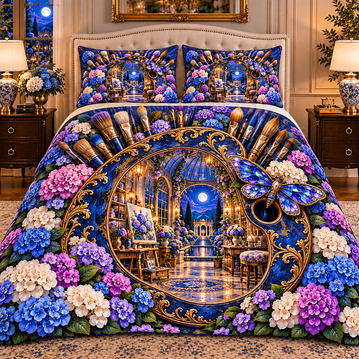 Hydrangea Atelier Portal Quilted Bedding Set with printed optical 3D artwork in its use setting