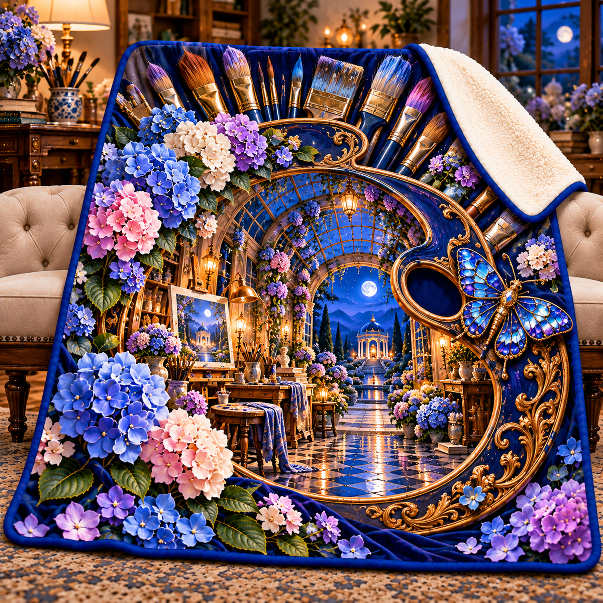 Hydrangea Atelier Portal Sherpa & Fleece Blanket with printed optical 3D artwork in its use setting