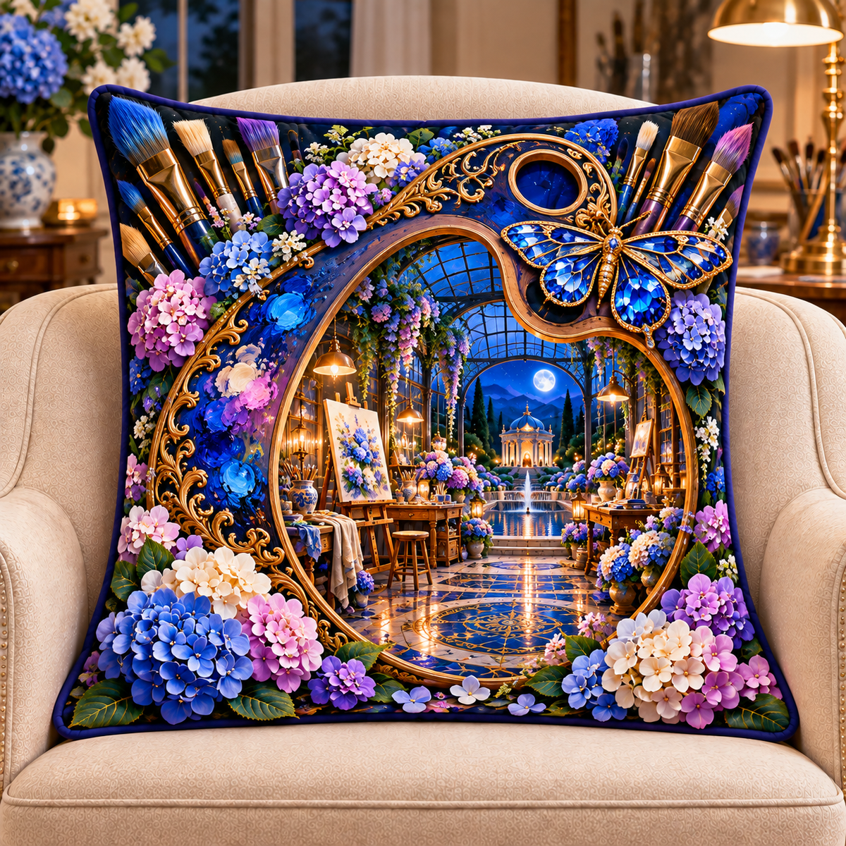 Hydrangea Atelier Portal Quilted Cushion Cover with printed optical 3D artwork in its use setting