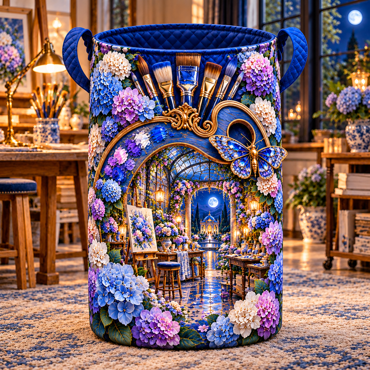 Hydrangea Atelier Portal Laundry Hamper with printed optical 3D artwork in its use setting