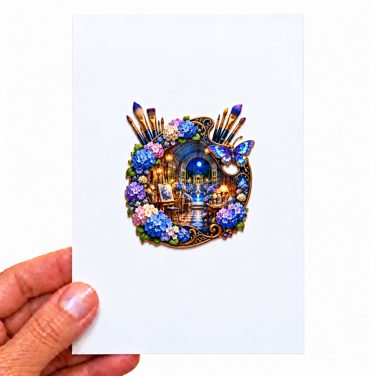 Hydrangea Atelier Portal Acrylic Refrigerator Magnet with printed optical 3D artwork in its use setting