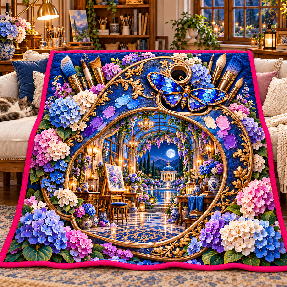 Hydrangea Atelier Portal Quilt Blanket with printed optical 3D artwork in its use setting