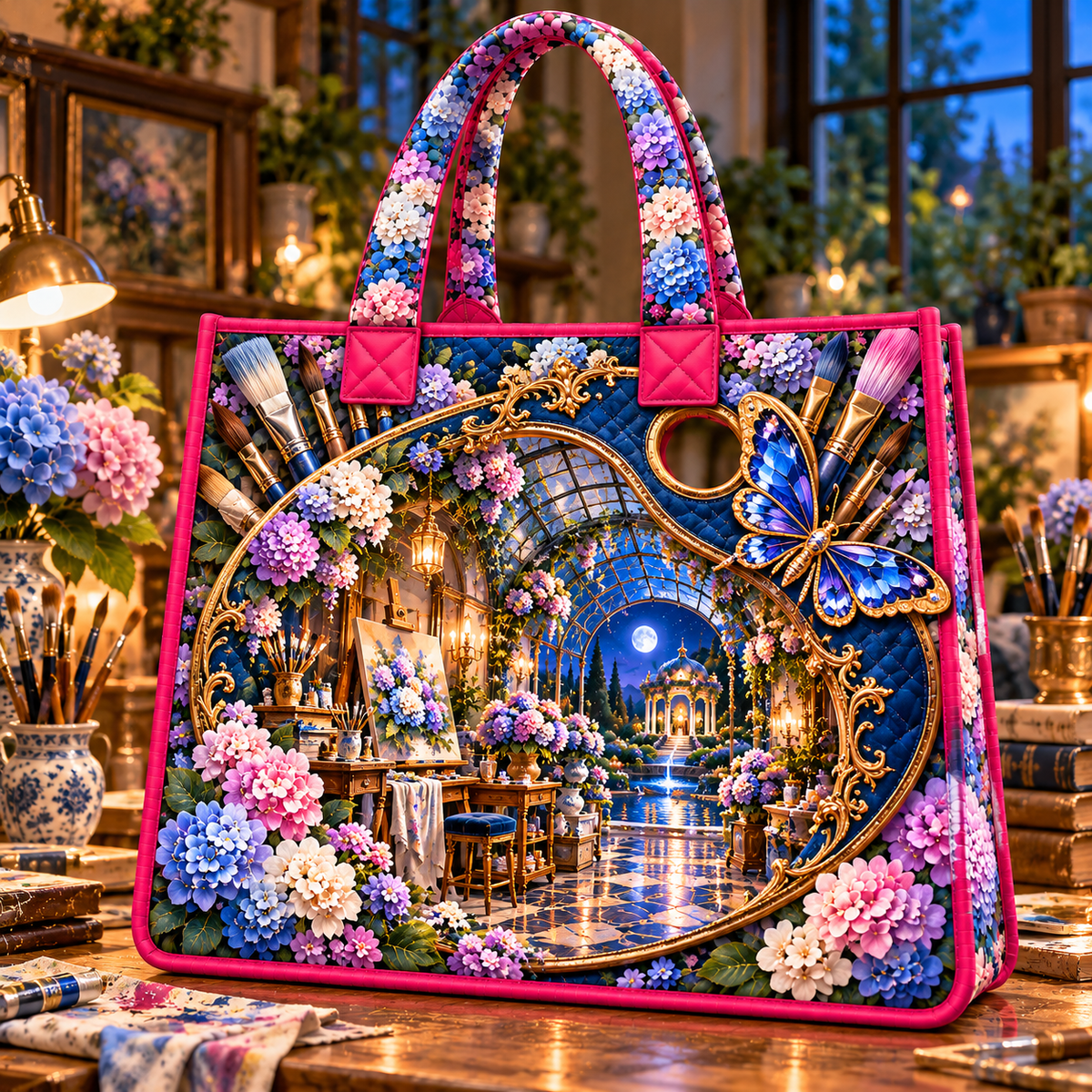 Hydrangea Atelier Portal Quilted Tote Bag with printed optical 3D artwork in its use setting