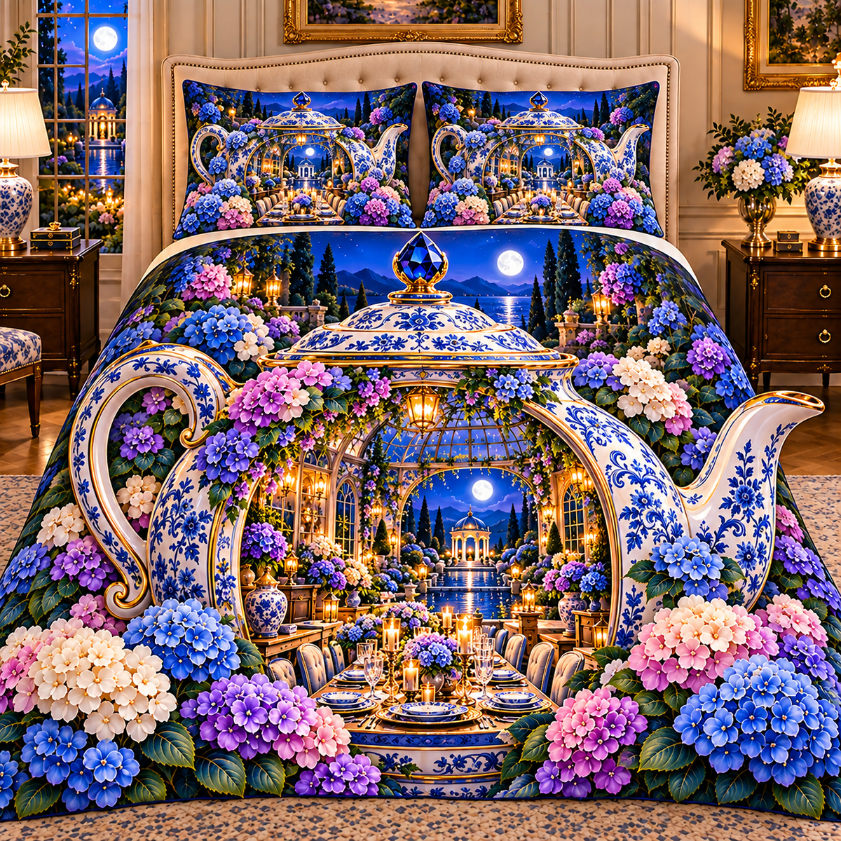 Hydrangea Moon Hospitality Quilted Bedding Set with printed optical 3D artwork in its use setting