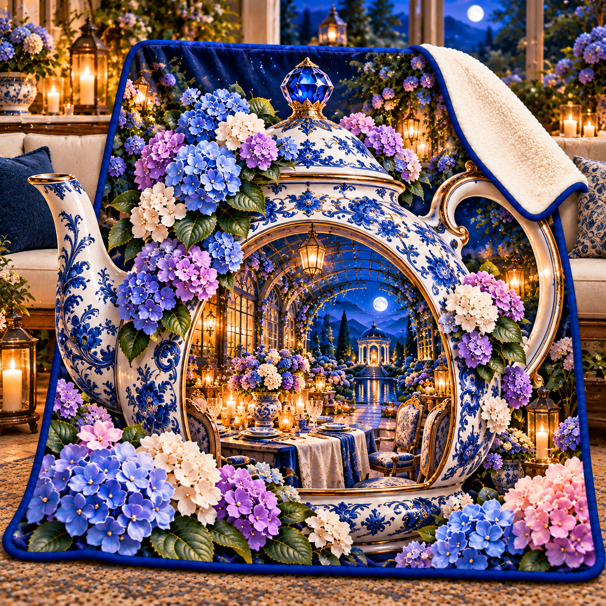 Hydrangea Moon Hospitality Sherpa & Fleece Blanket with printed optical 3D artwork in its use setting
