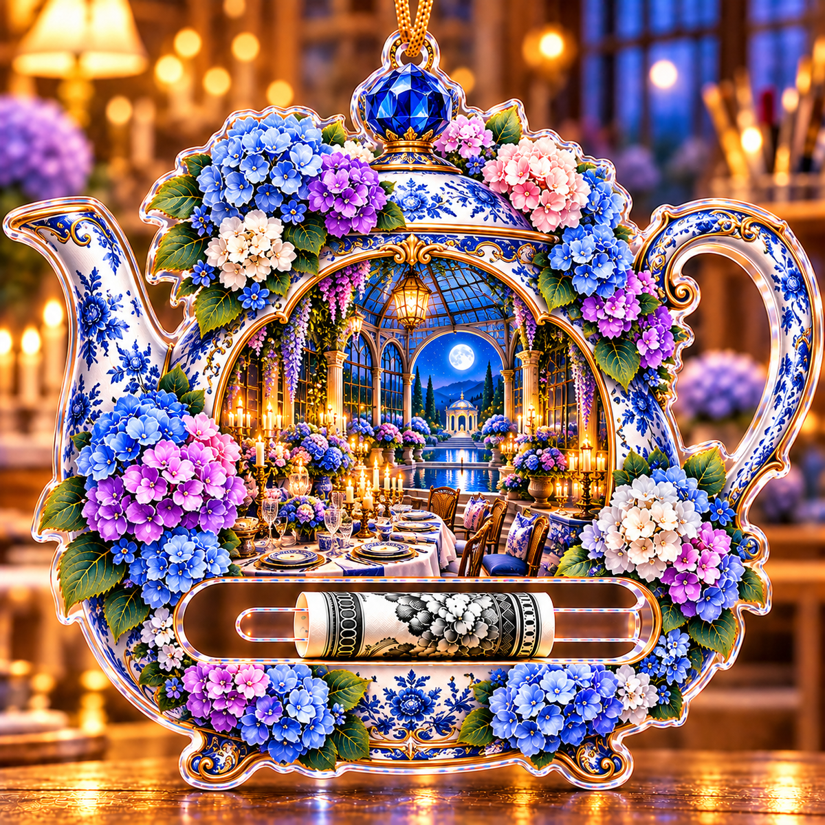Hydrangea Moon Hospitality Acrylic Cash Holder Ornament with printed optical 3D artwork in its use setting