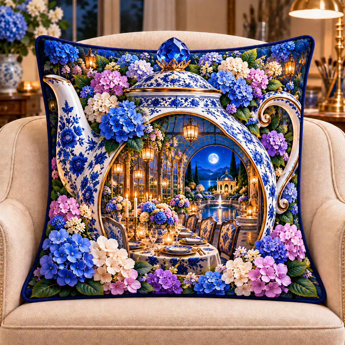 Hydrangea Moon Hospitality Quilted Cushion Cover with printed optical 3D artwork in its use setting