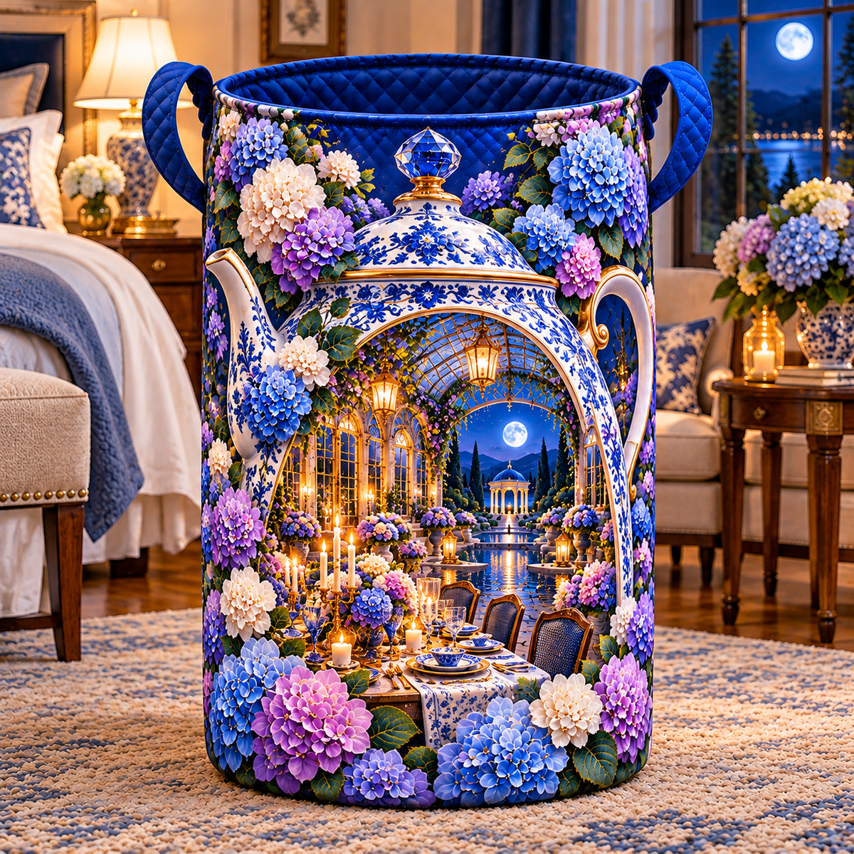 Hydrangea Moon Hospitality Laundry Hamper with printed optical 3D artwork in its use setting