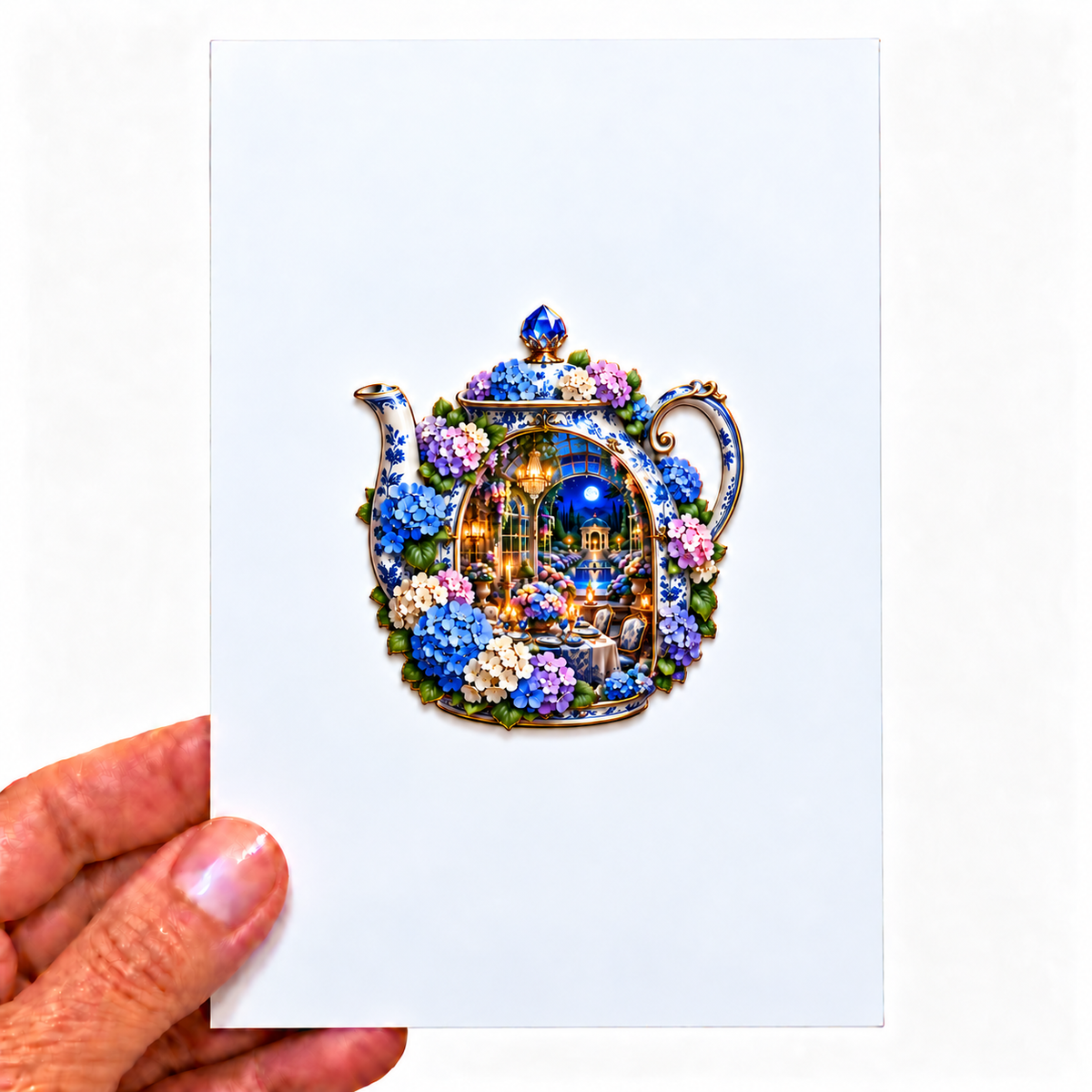 Hydrangea Moon Hospitality Acrylic Refrigerator Magnet with printed optical 3D artwork in its use setting