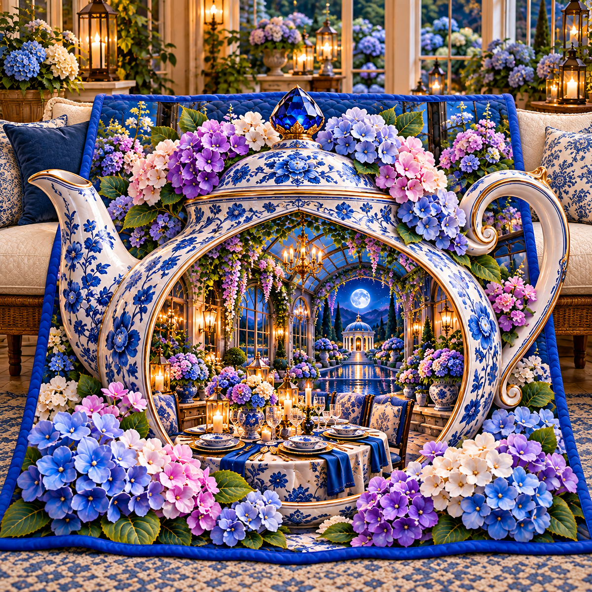 Hydrangea Moon Hospitality Quilt Blanket with printed optical 3D artwork in its use setting