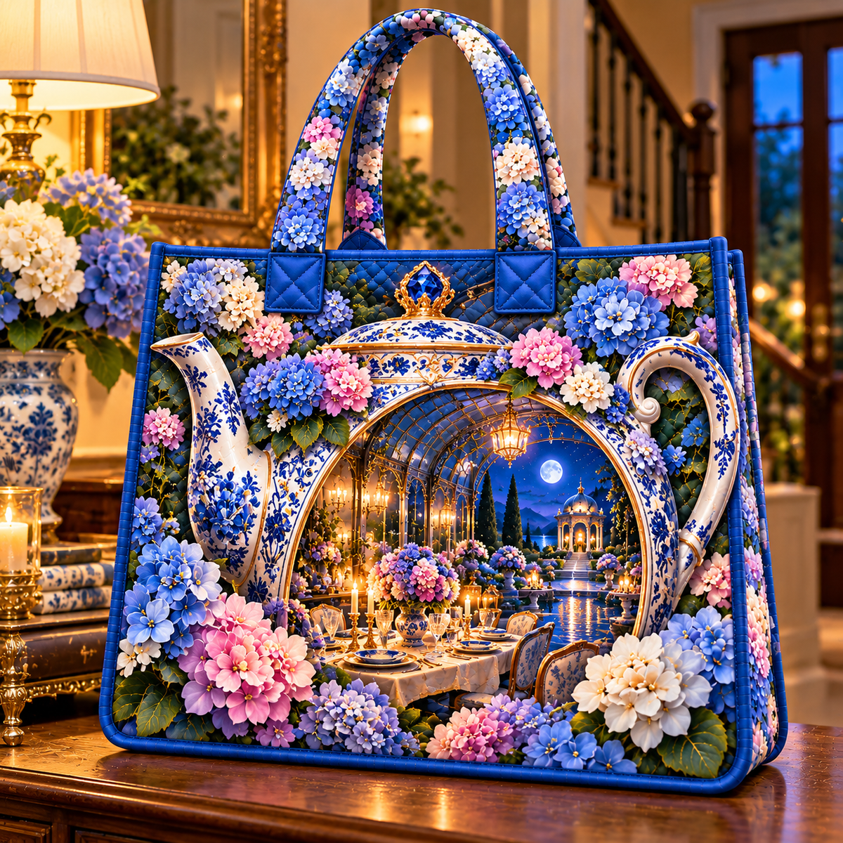 Hydrangea Moon Hospitality Quilted Tote Bag with printed optical 3D artwork in its use setting