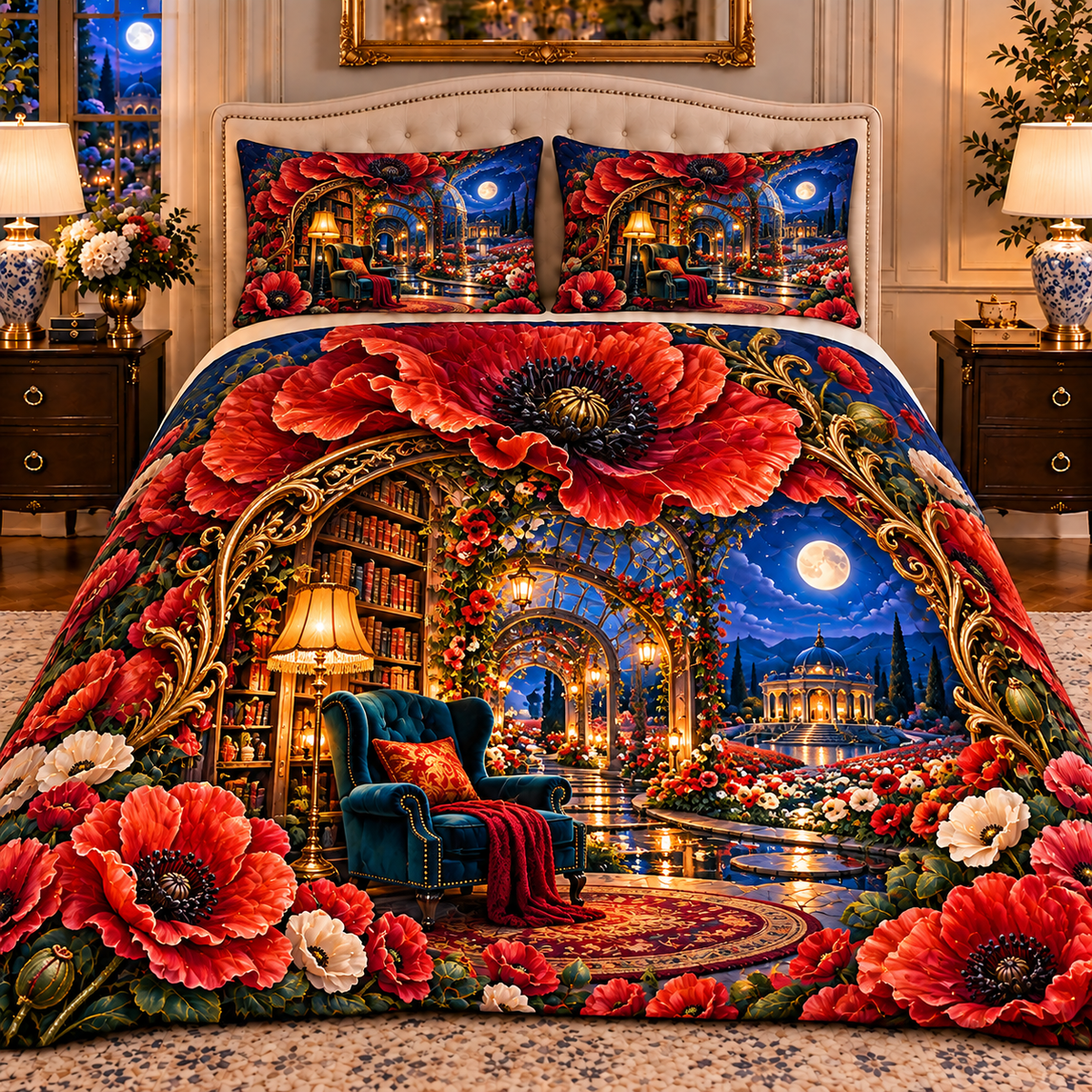 Poppy Moon Reading Alcove Quilted Bedding Set with printed optical 3D artwork in its use setting