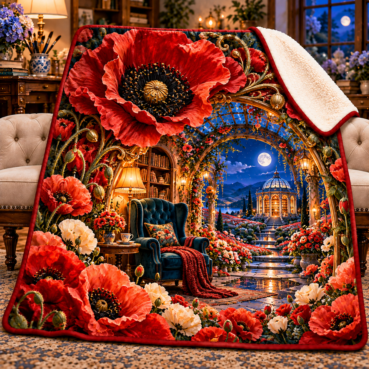 Poppy Moon Reading Alcove Sherpa & Fleece Blanket with printed optical 3D artwork in its use setting