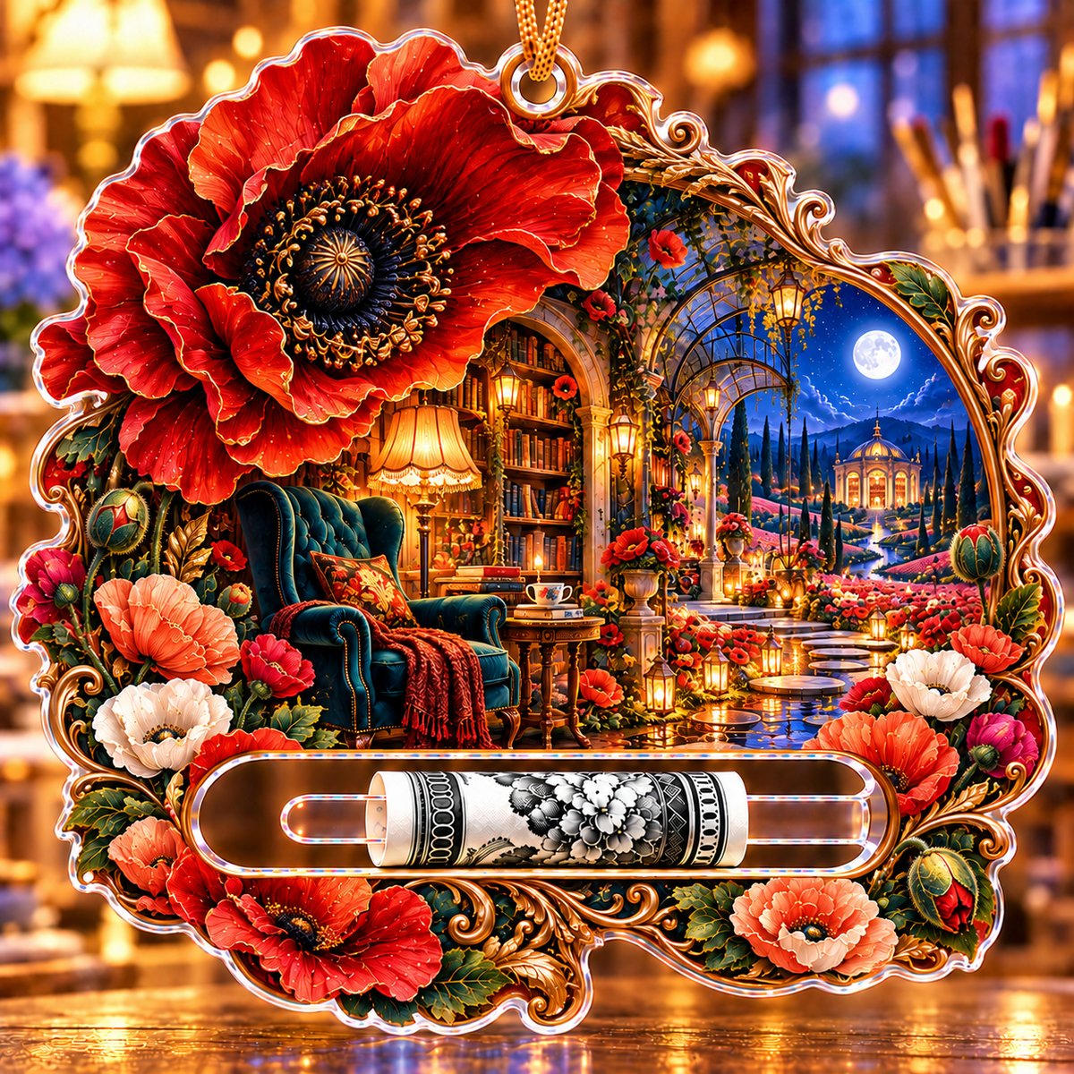 Poppy Moon Reading Alcove Acrylic Cash Holder Ornament with printed optical 3D artwork in its use setting