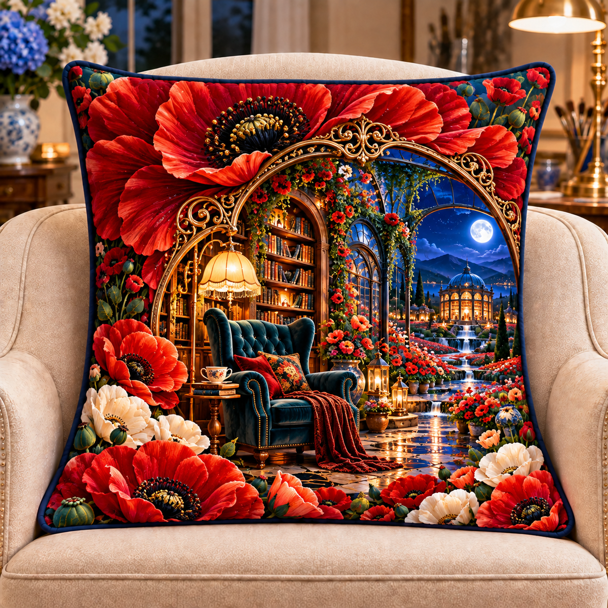 Poppy Moon Reading Alcove Quilted Cushion Cover with printed optical 3D artwork in its use setting