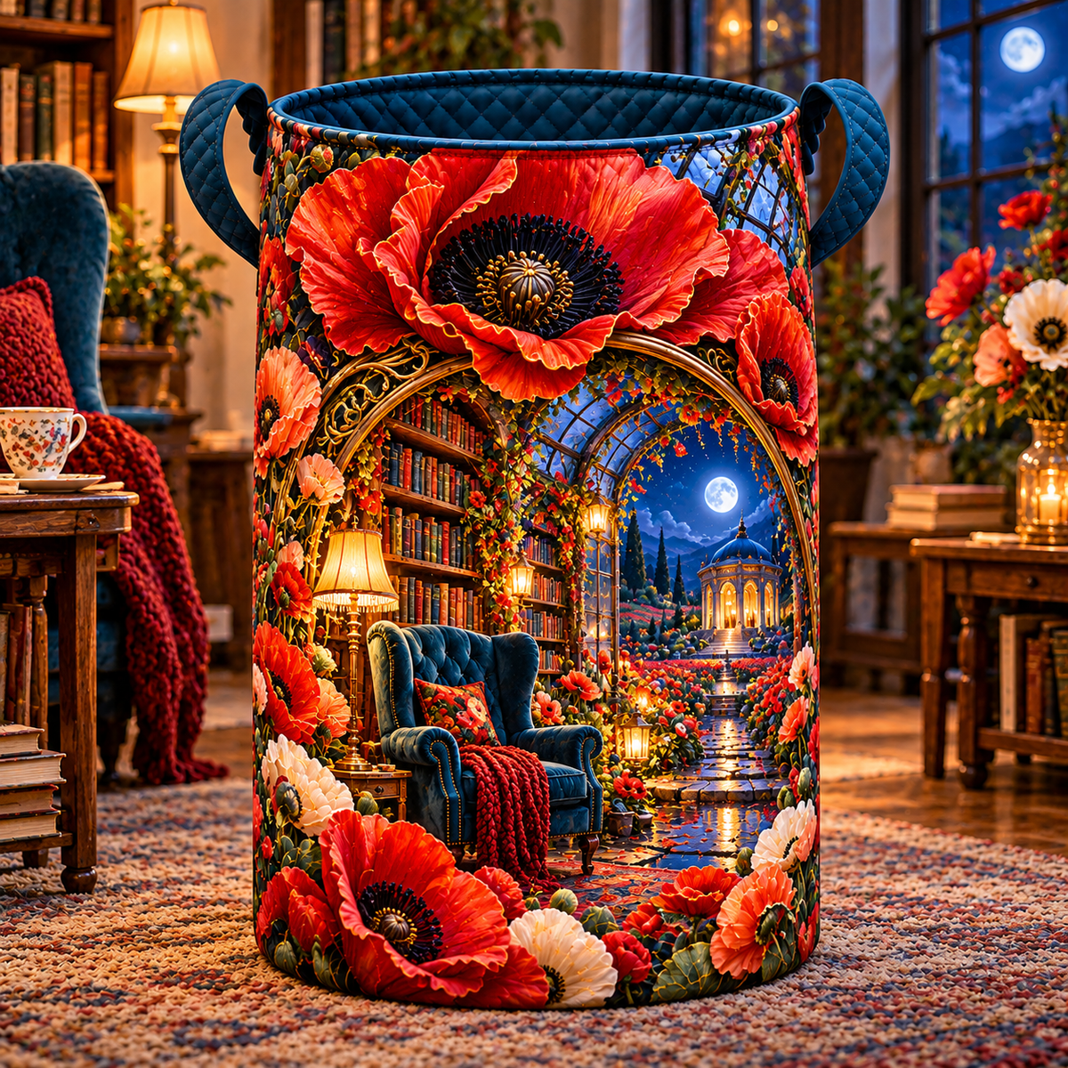 Poppy Moon Reading Alcove Laundry Hamper with printed optical 3D artwork in its use setting