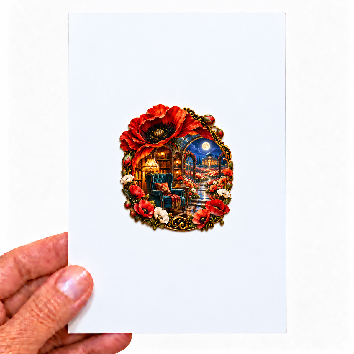 Poppy Moon Reading Alcove Acrylic Refrigerator Magnet with printed optical 3D artwork in its use setting