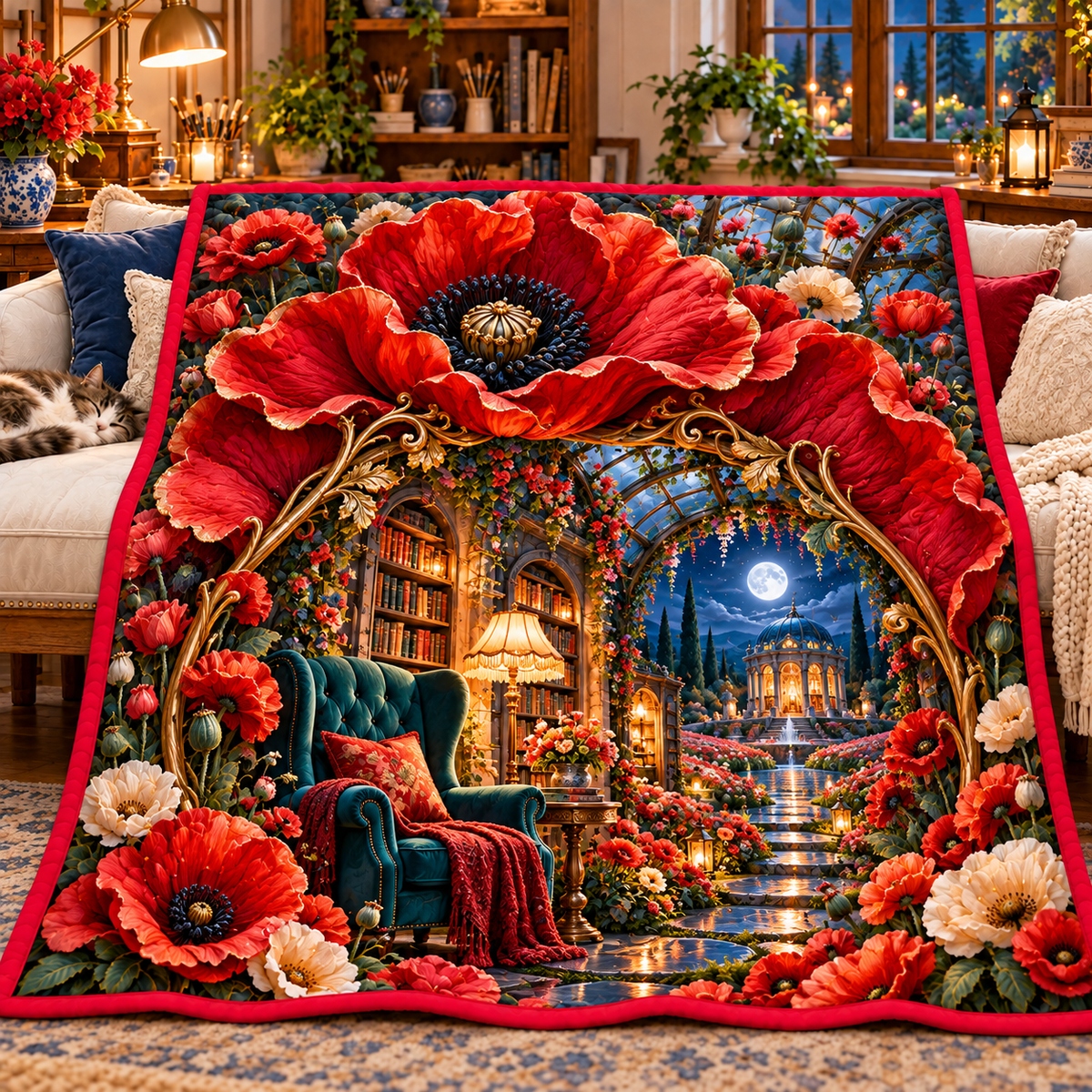 Poppy Moon Reading Alcove Quilt Blanket with printed optical 3D artwork in its use setting