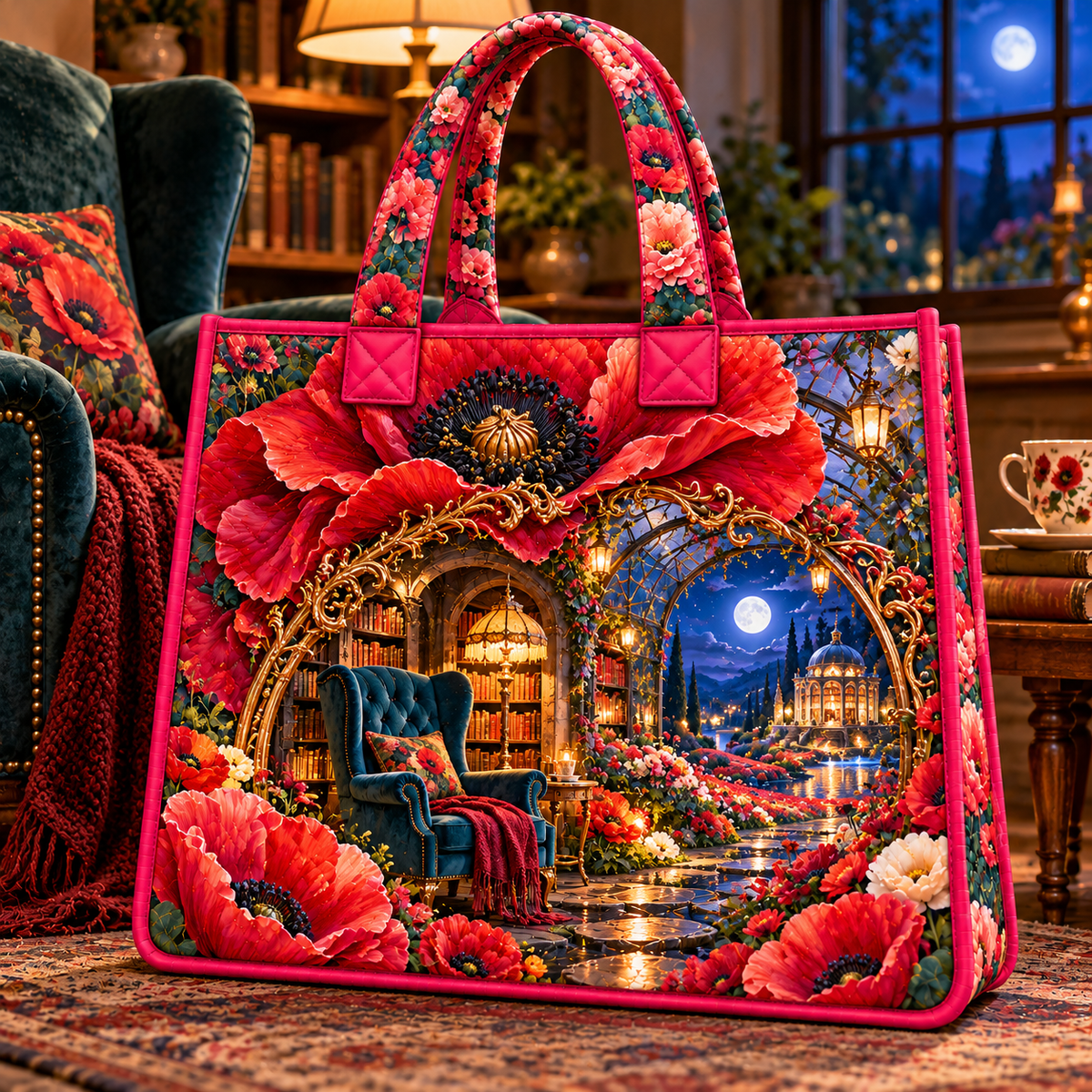 Poppy Moon Reading Alcove Quilted Tote Bag with printed optical 3D artwork in its use setting