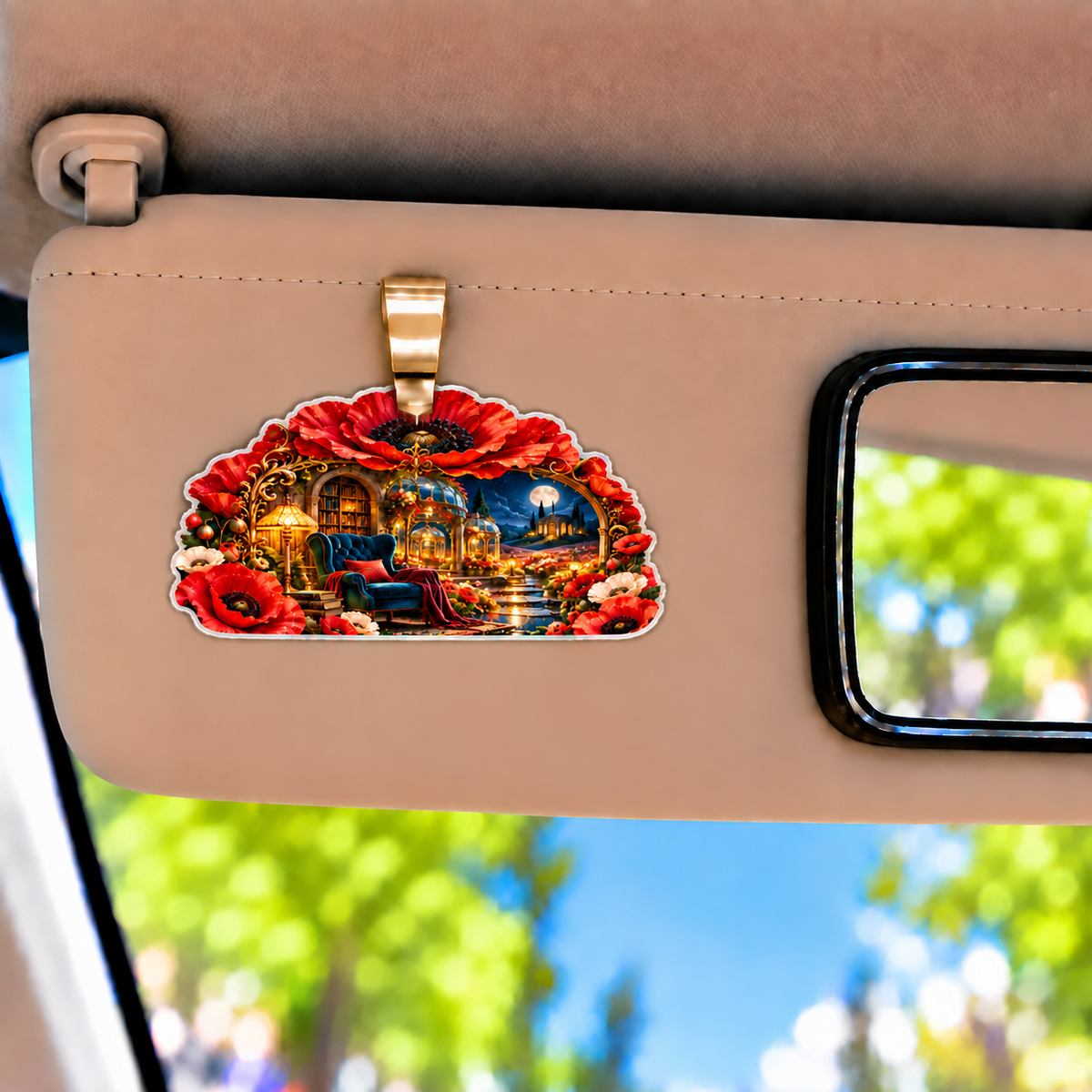 Poppy Moon Reading Alcove Holographic Car Visor Clip with printed optical 3D artwork in its use setting