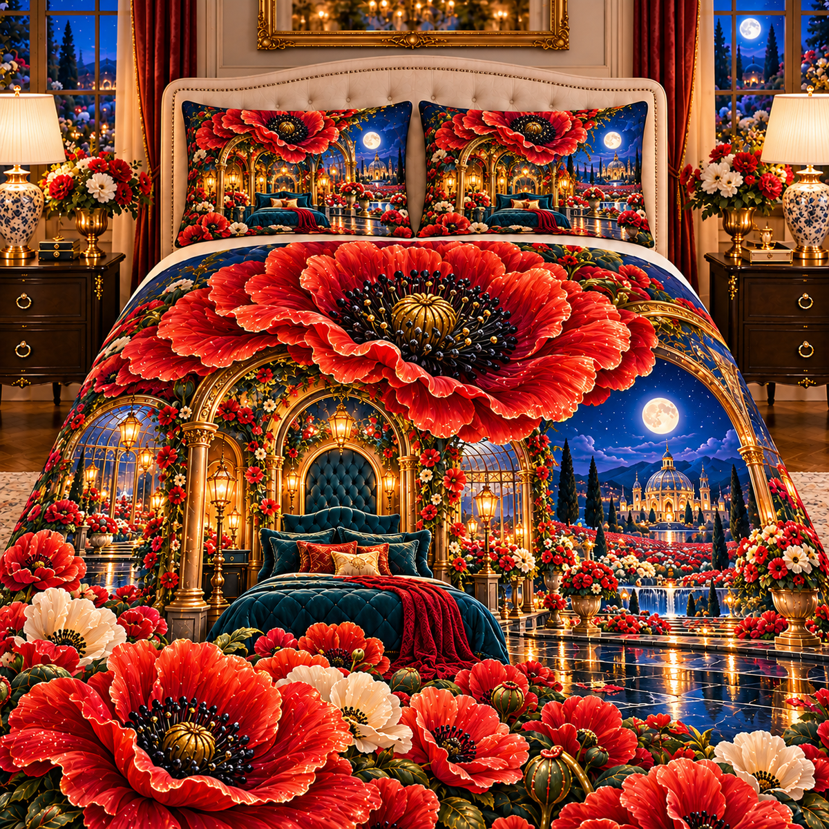 Poppy Cathedral Moon Suite Quilted Bedding Set with printed optical 3D artwork in its use setting