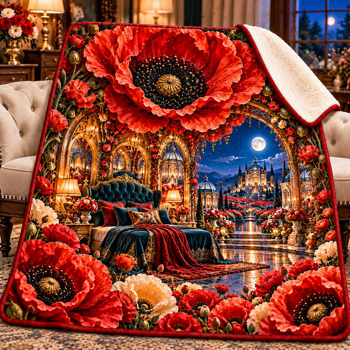 Poppy Cathedral Moon Suite Sherpa & Fleece Blanket with printed optical 3D artwork in its use setting