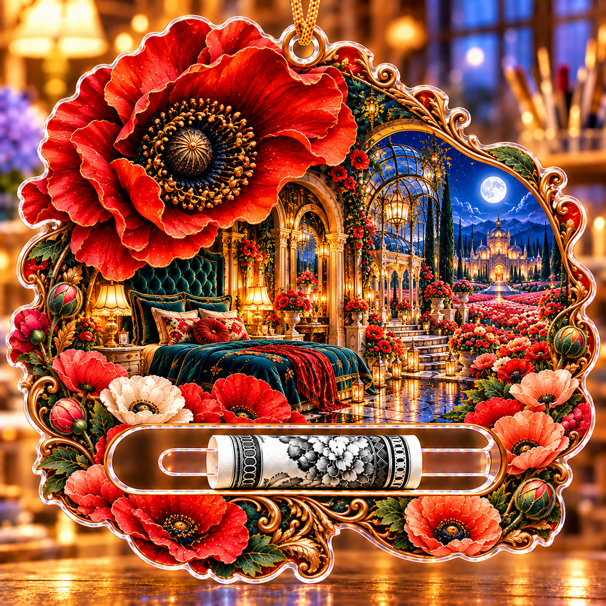 Poppy Cathedral Moon Suite Acrylic Cash Holder Ornament with printed optical 3D artwork in its use setting