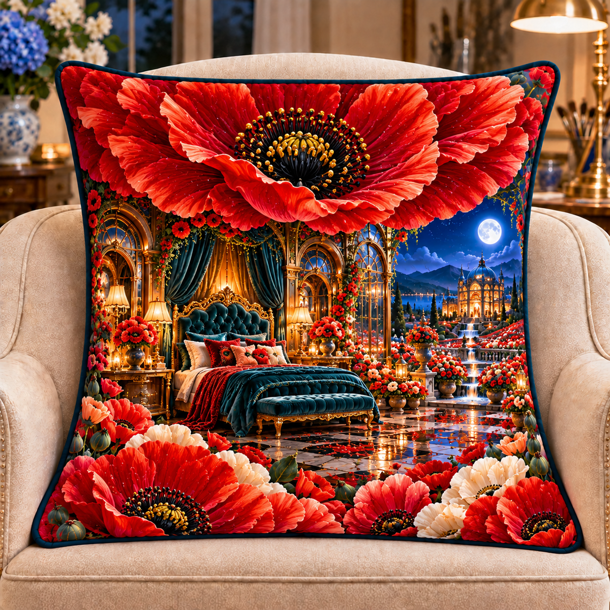 Poppy Cathedral Moon Suite Quilted Cushion Cover with printed optical 3D artwork in its use setting