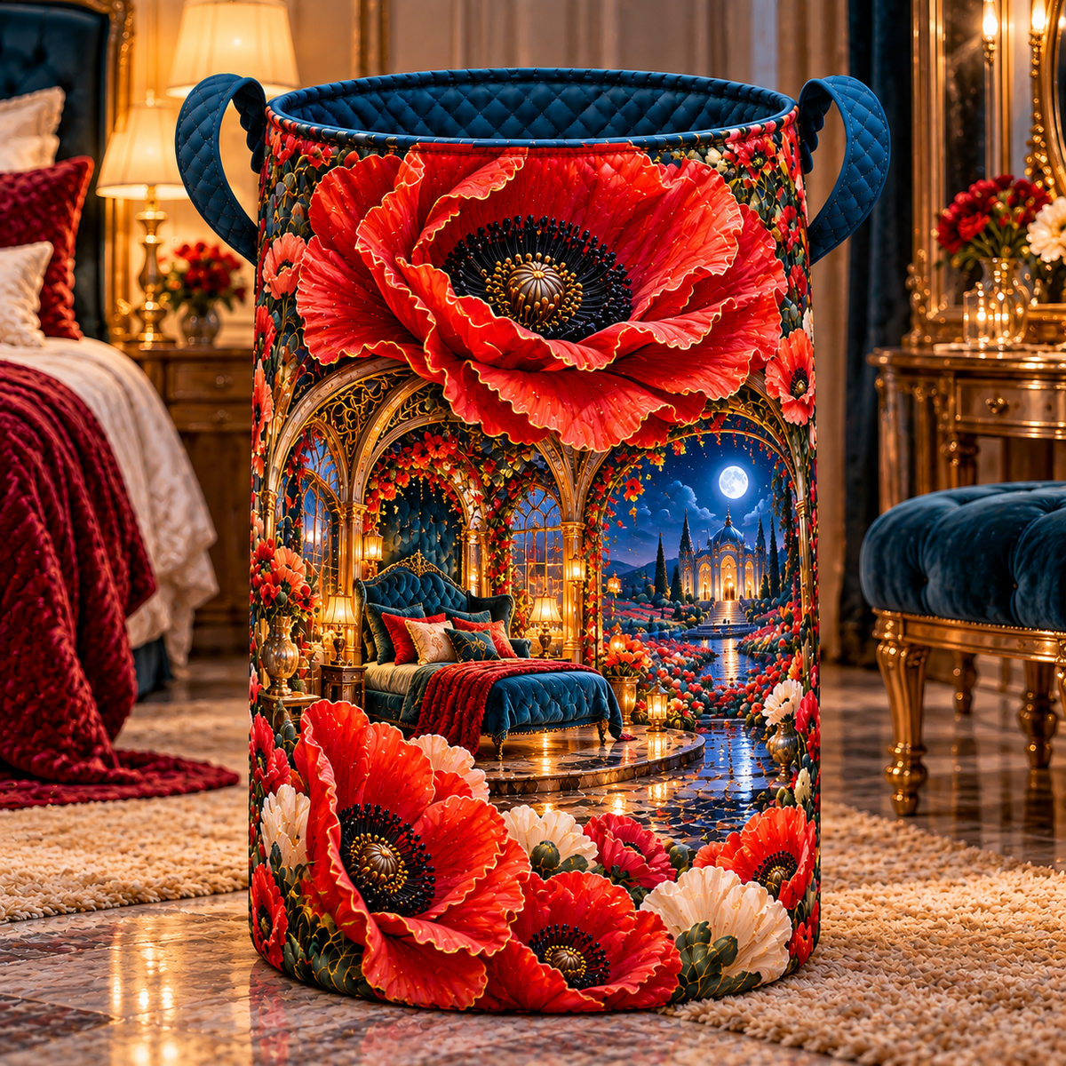 Poppy Cathedral Moon Suite Laundry Hamper with printed optical 3D artwork in its use setting