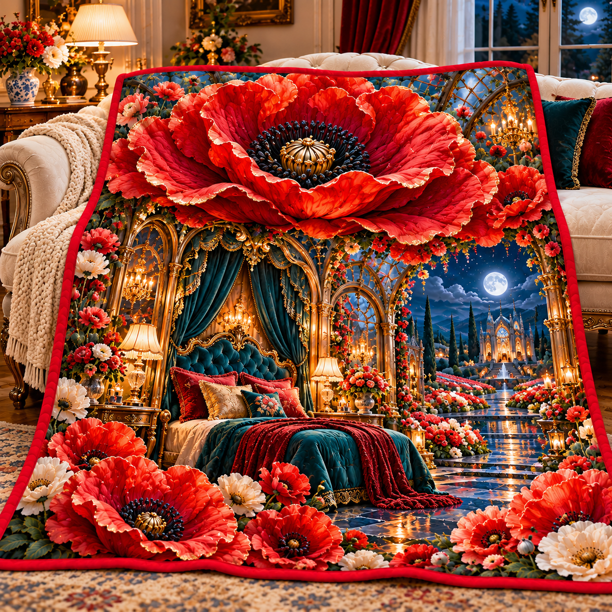 Poppy Cathedral Moon Suite Quilt Blanket with printed optical 3D artwork in its use setting