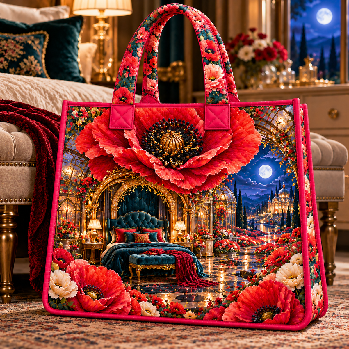 Poppy Cathedral Moon Suite Quilted Tote Bag with printed optical 3D artwork in its use setting