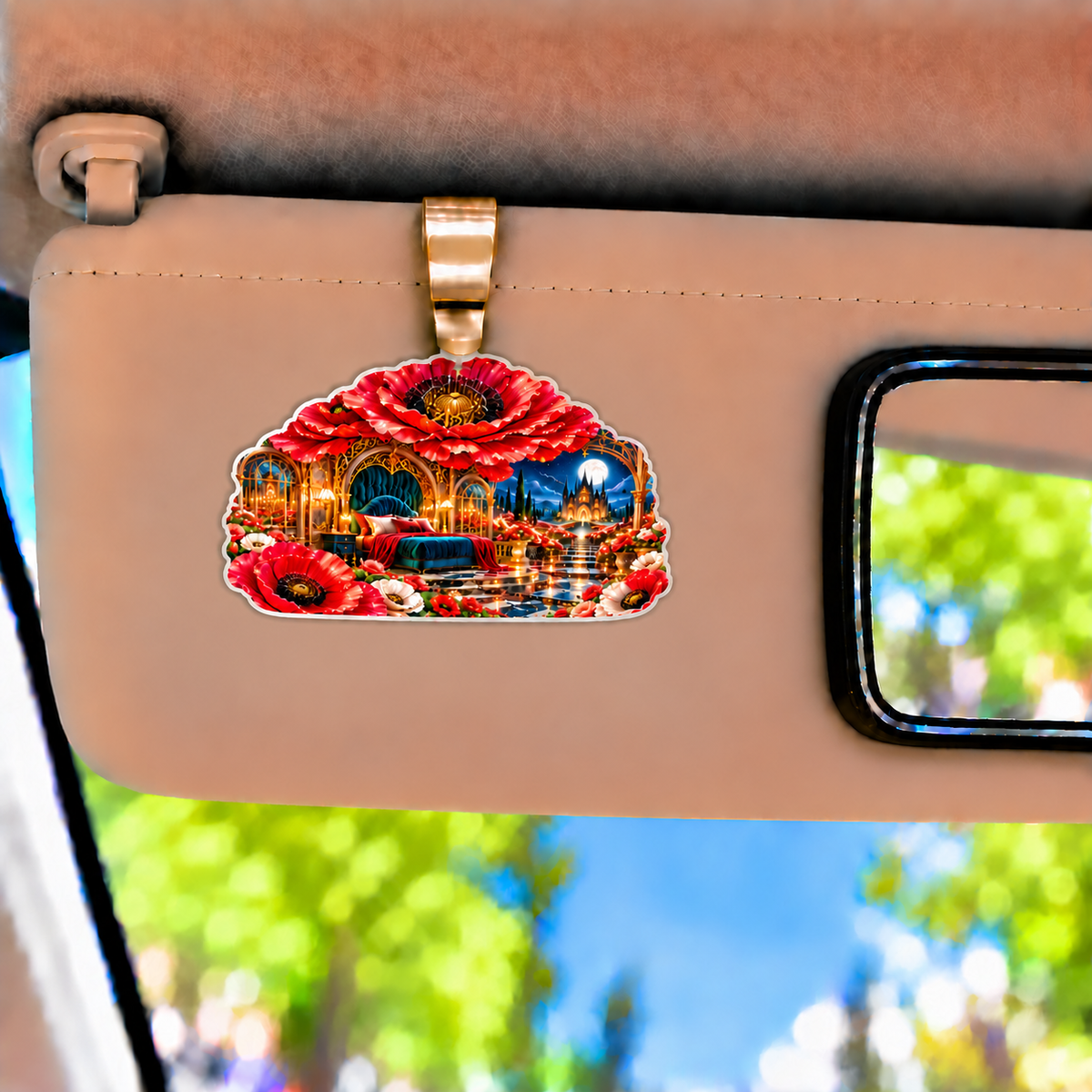 Poppy Cathedral Moon Suite Holographic Car Visor Clip with printed optical 3D artwork in its use setting