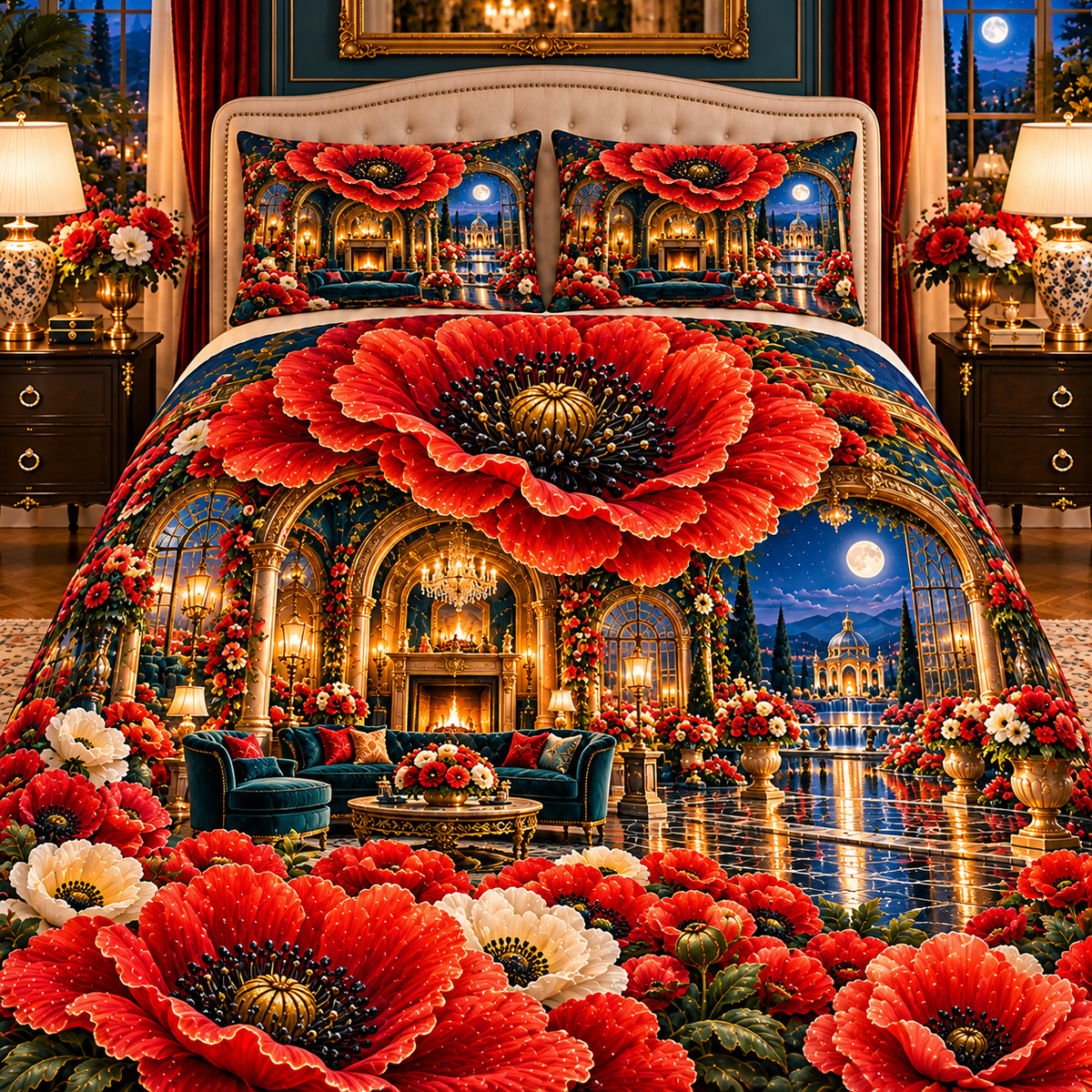 Poppy Grand Salon Portal Quilted Bedding Set with printed optical 3D artwork in its use setting