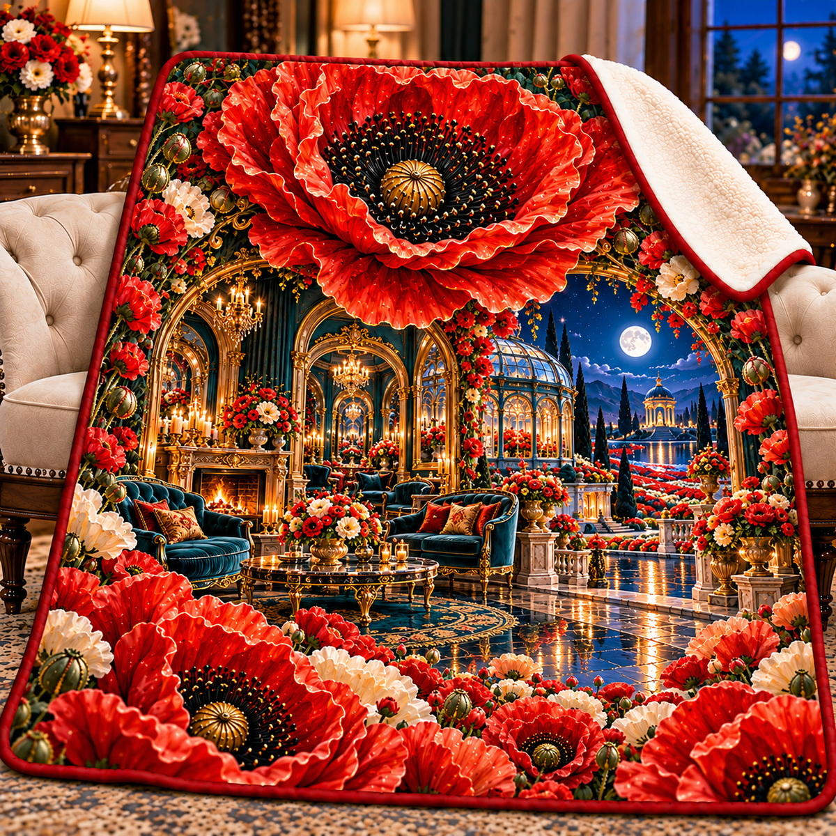 Poppy Grand Salon Portal Sherpa & Fleece Blanket with printed optical 3D artwork in its use setting