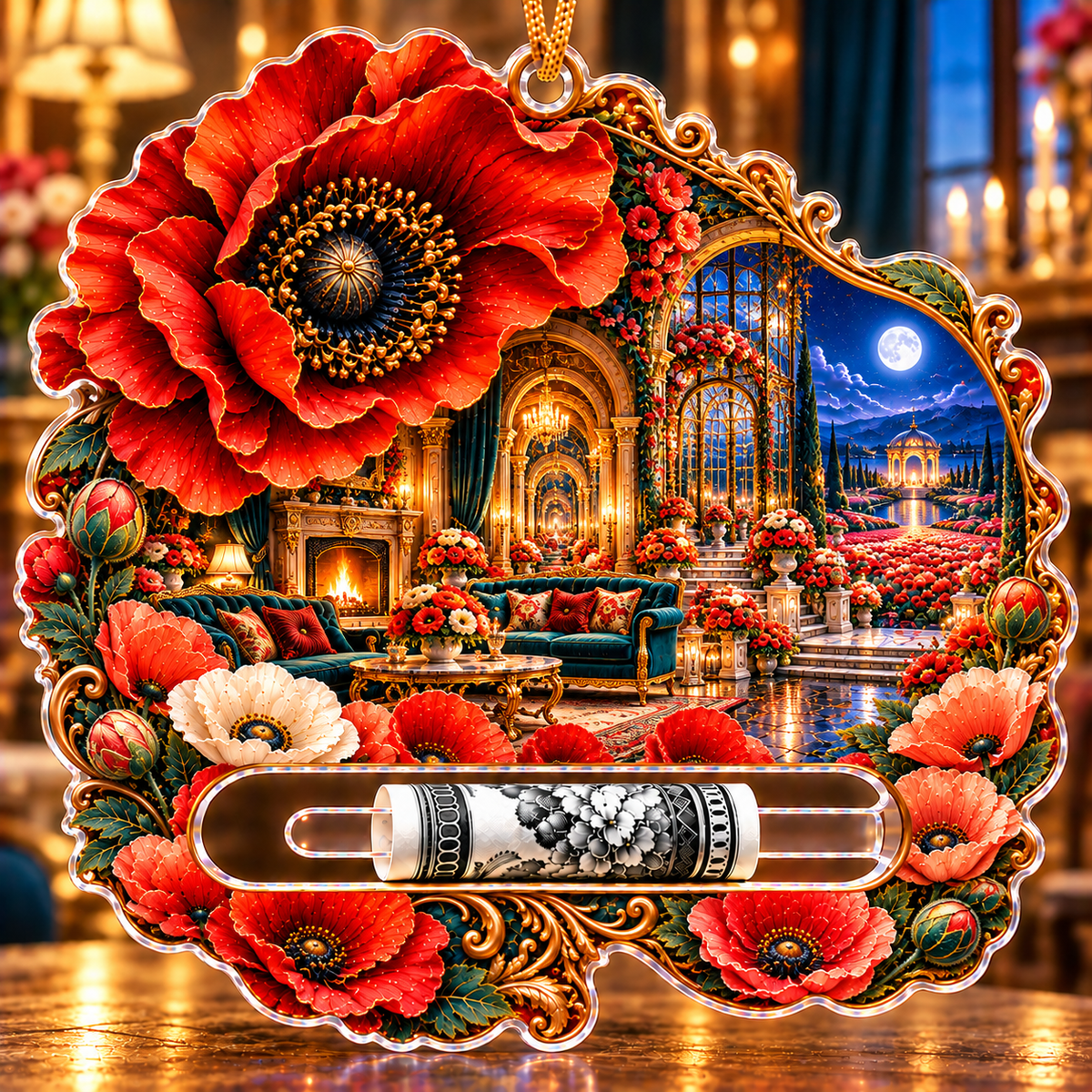 Poppy Grand Salon Portal Acrylic Cash Holder Ornament with printed optical 3D artwork in its use setting