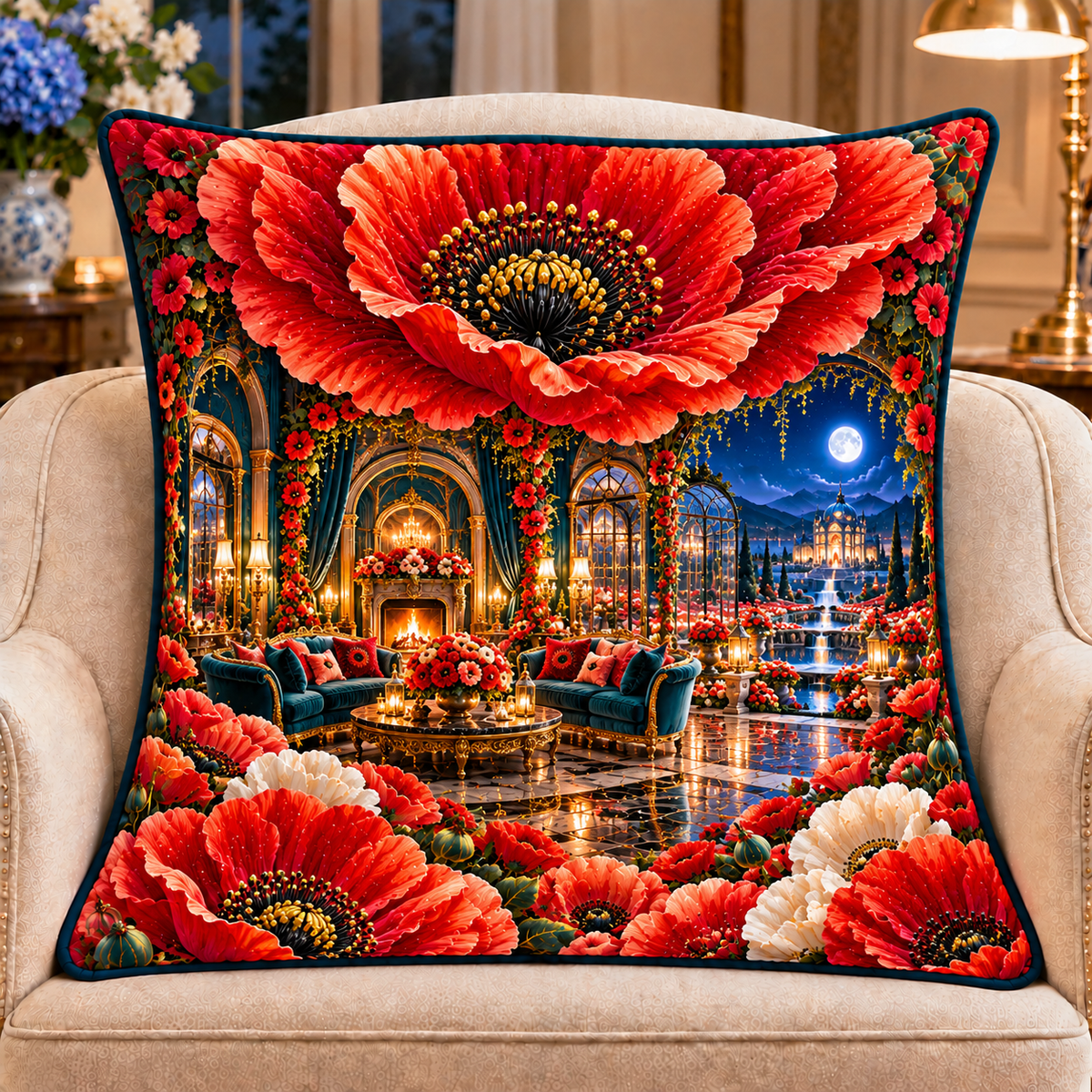 Poppy Grand Salon Portal Quilted Cushion Cover with printed optical 3D artwork in its use setting