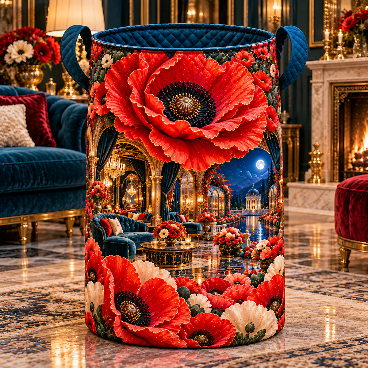 Poppy Grand Salon Portal Laundry Hamper with printed optical 3D artwork in its use setting