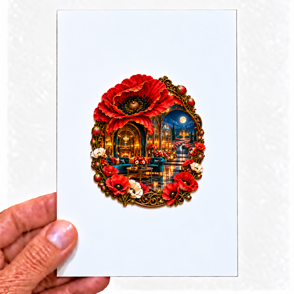 Poppy Grand Salon Portal Acrylic Refrigerator Magnet with printed optical 3D artwork in its use setting