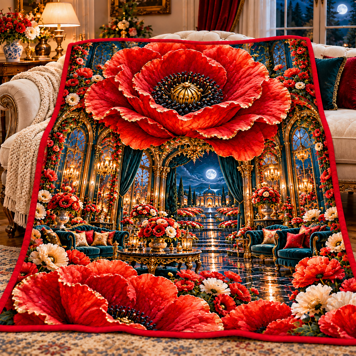 Poppy Grand Salon Portal Quilt Blanket with printed optical 3D artwork in its use setting