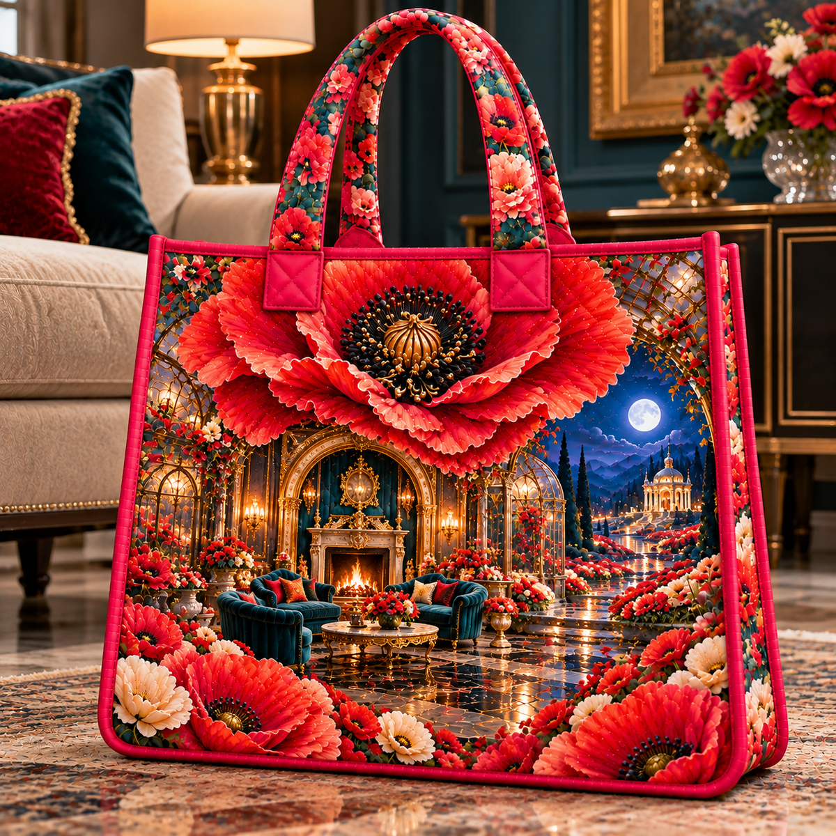Poppy Grand Salon Portal Quilted Tote Bag with printed optical 3D artwork in its use setting