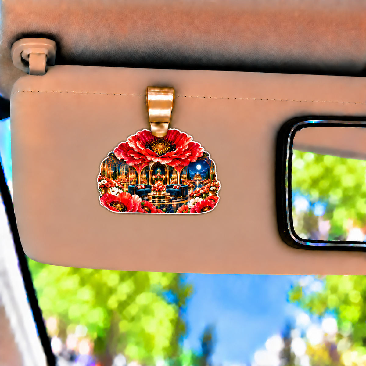Poppy Grand Salon Portal Holographic Car Visor Clip with printed optical 3D artwork in its use setting