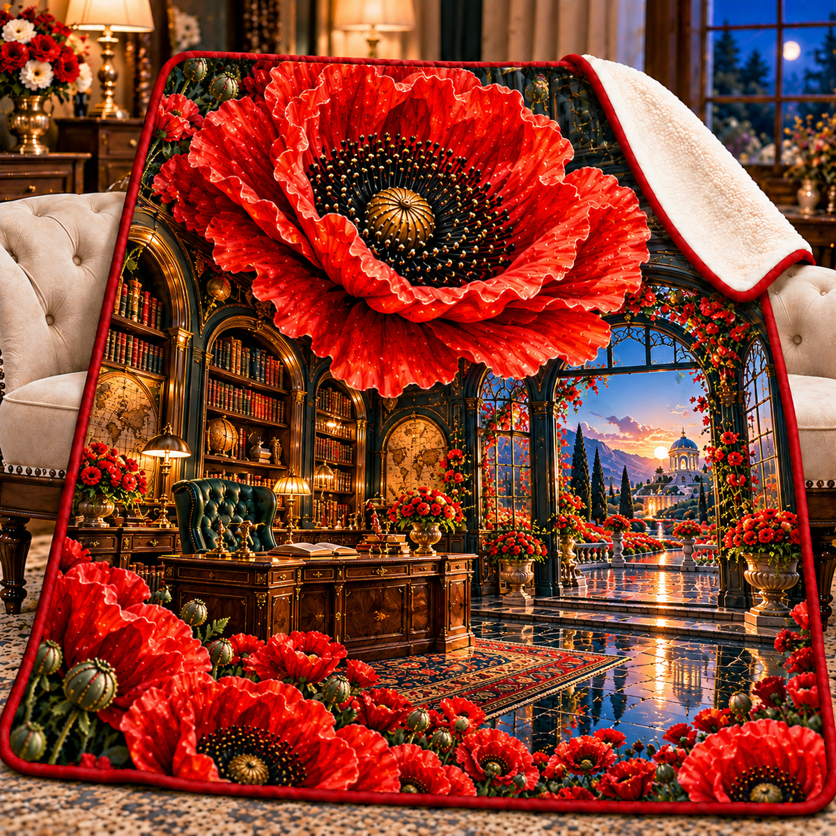 Poppy Executive Library Vista Sherpa & Fleece Blanket with printed optical 3D artwork in its use setting