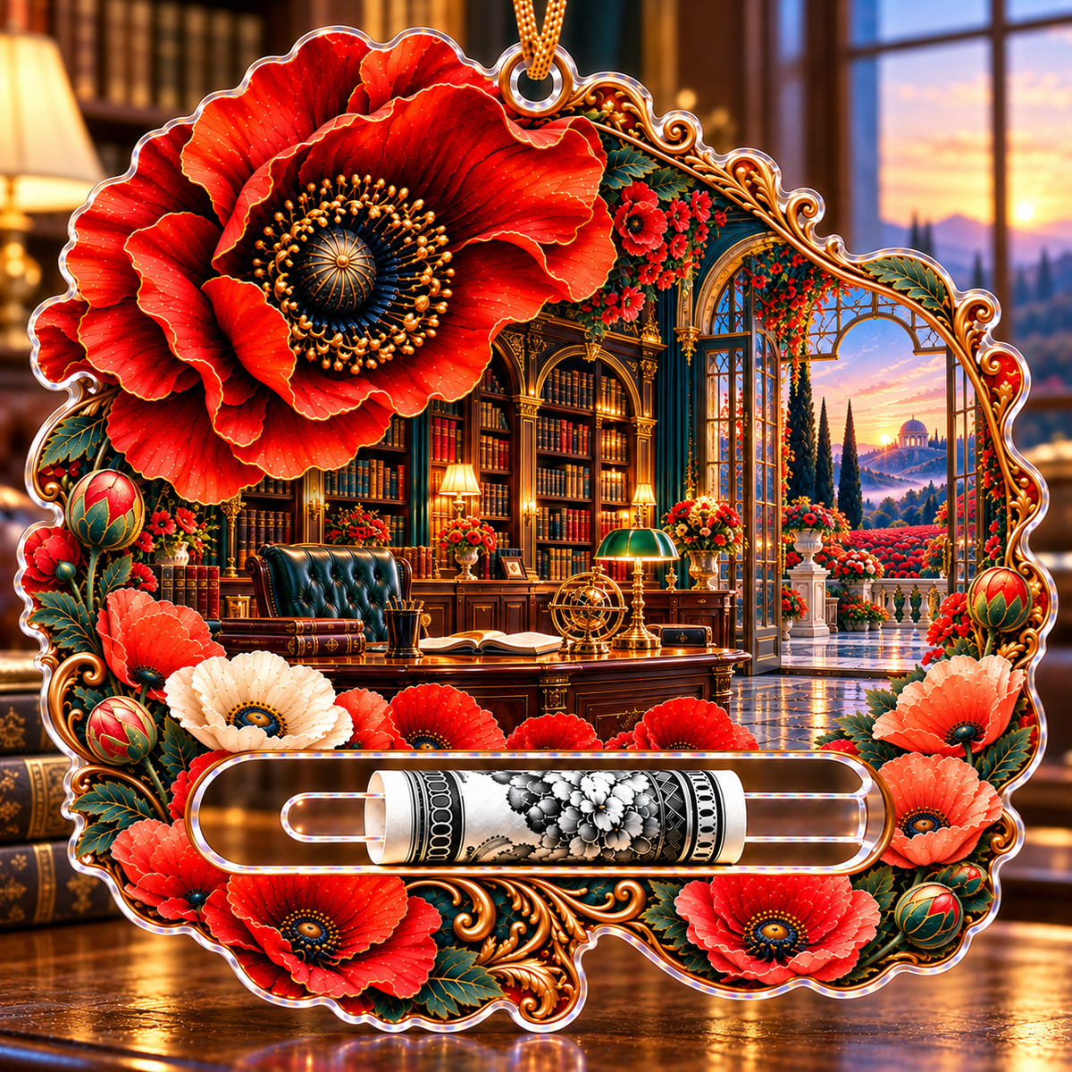 Poppy Executive Library Vista Acrylic Cash Holder Ornament with printed optical 3D artwork in its use setting
