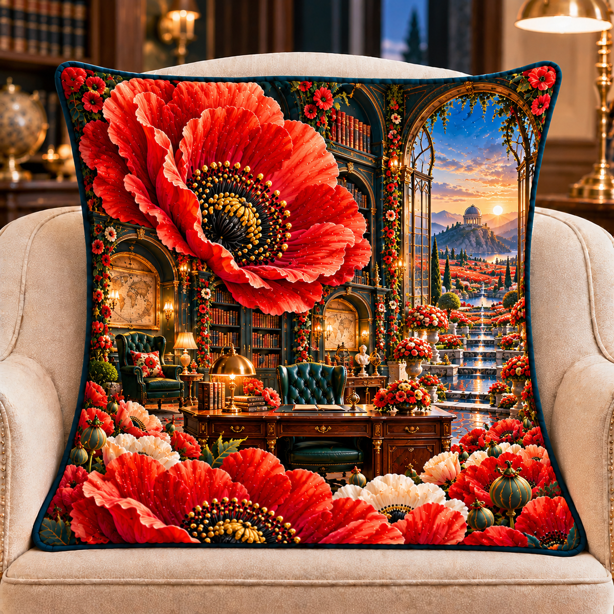 Poppy Executive Library Vista Quilted Cushion Cover with printed optical 3D artwork in its use setting